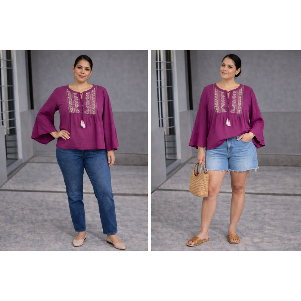 Frye And Co Top 3/4 Bell Sleeve Split Tie Neck Yoke Detail Burgundy Boho Sz-XXL